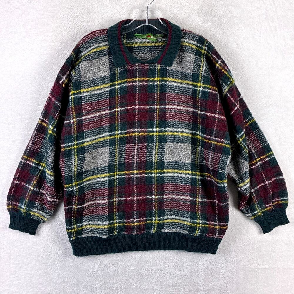 VTG Outback Red Sweater Mens L Red Green Tartan Plaid Wool Mohair Blend Italy
